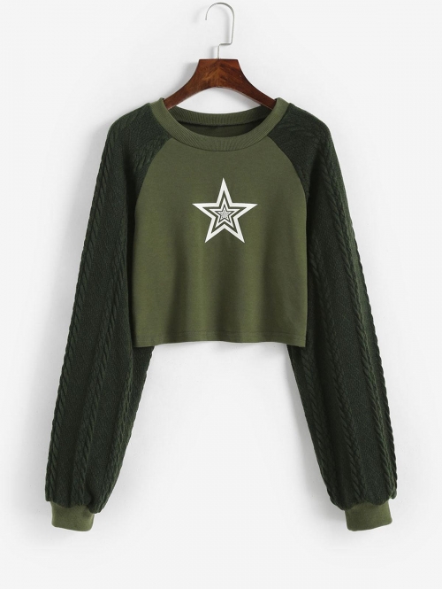 Fashion Women Tees Knitted Raglan Sleeve Star Pattern Crop T Shirt S Deep green