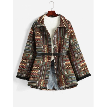 Ethnic Aztec Pattern Belted Coat L Multi a