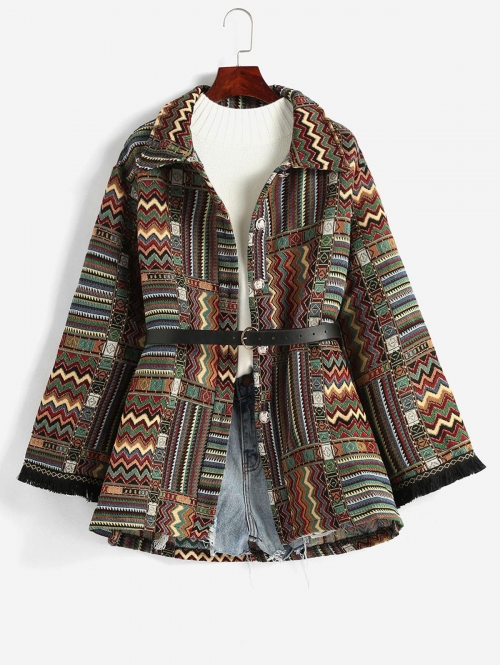 Ethnic Aztec Pattern Belted Coat L Multi a