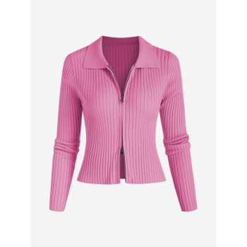 Solid Color Knit Zipper Long Sleeves Bodycon Cardigan Light pink