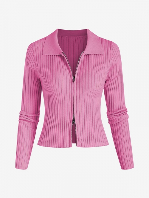 Solid Color Knit Zipper Long Sleeves Bodycon Cardigan Light pink