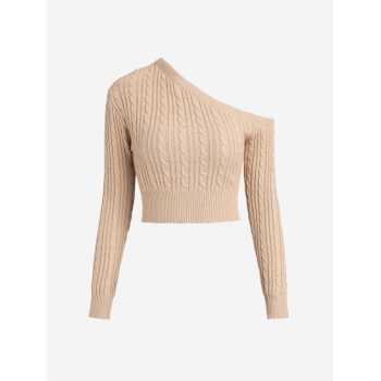 Women Cable Knit Skew Neck Cropped Sweater M Coffee