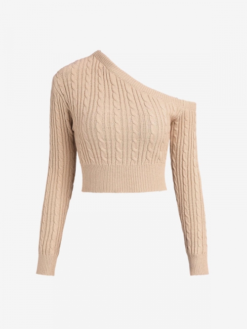 Women Cable Knit Skew Neck Cropped Sweater M Coffee