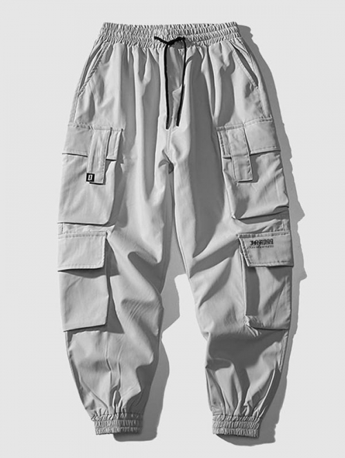 ZAFUL Men's Multi Flap Pockets Drawstring Cargo Jogger Techwear Pants L Light gray