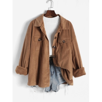 Women Cotton Cargo Fleece Jacket Shirt Collar Long Sleeves Lined Corduroy Pockets Slight Stretch Shacket Xl Coffee