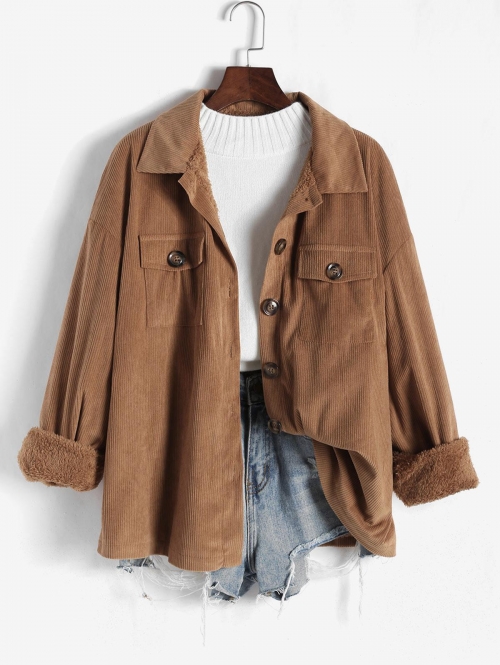 Women Cotton Cargo Fleece Jacket Shirt Collar Long Sleeves Lined Corduroy Pockets Slight Stretch Shacket Xl Coffee