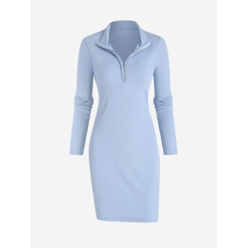 Long Sleeve Ribbed Zip Front Slinky Long Sleeve Mini Dress L Light blue