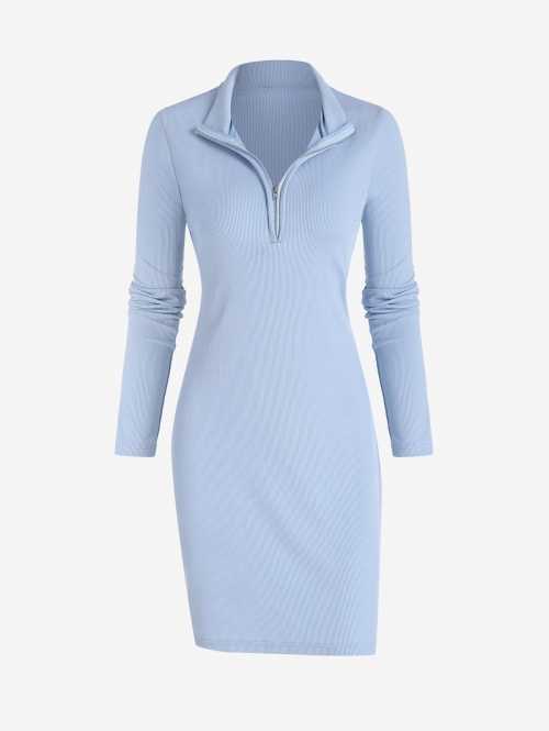 Long Sleeve Ribbed Zip Front Slinky Long Sleeve Mini Dress L Light blue