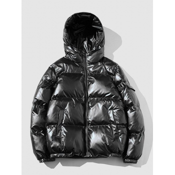 Hooded Metallic Pocket Quilted Puffer Coat M Black