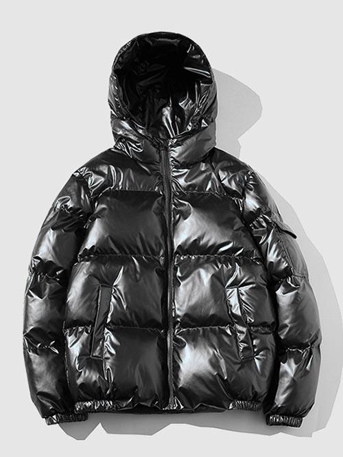 Hooded Metallic Pocket Quilted Puffer Coat M Black