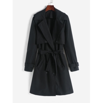 Belted Double Breasted Lapel Trench Coat L Black