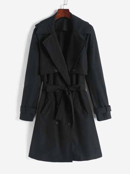 Belted Double Breasted Lapel Trench Coat L Black