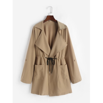 Pockets Drawstring Casual Thin Trench Coat L Coffee