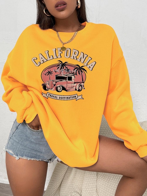 Women Hoodies California Vintage Car Graphic Pullover Sweatshirt L Yellow