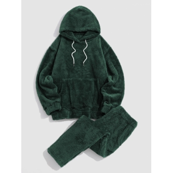 ZAFUL Men's Solid Front Pocket Fluffy Fleece Hoodie And Pants Two Piece Set 2xl Deep green