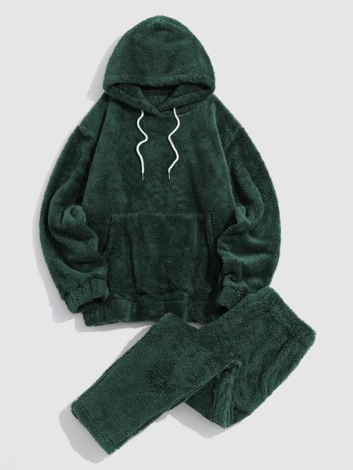 ZAFUL Men's Solid Front Pocket Fluffy Fleece Hoodie And Pants Two Piece Set 2xl Deep green