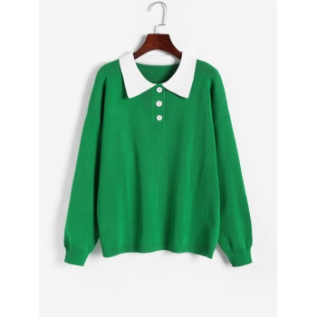 Women Contrast Polo Collar Drop Shoulder Jumper Sweater M Green