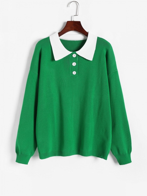 Women Contrast Polo Collar Drop Shoulder Jumper Sweater M Green