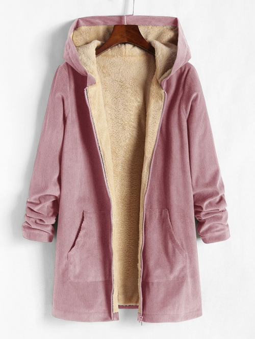 Women Winter Cotton Long Sleeves Corduroy Fleece Lined Pockets Hooded Slight Stretch Ribbed Cuffs and Hem Zipper Coat L Light pink