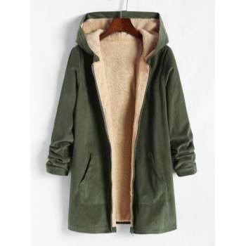 Women Winter Cotton Long Sleeves Corduroy Fleece Lined Pockets Hooded Slight Stretch Ribbed Cuffs and Hem Zipper Coat L Green