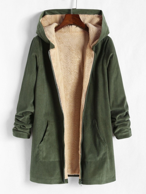 Women Winter Cotton Long Sleeves Corduroy Fleece Lined Pockets Hooded Slight Stretch Ribbed Cuffs and Hem Zipper Coat L Green