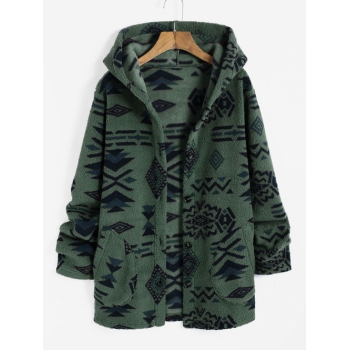 ZAFUL Women Winter Hooded Ethnic Geo Aztec Printed Warm Fluffy Teddy Coat L Deep green