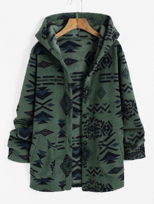 ZAFUL Women Winter Hooded Ethnic Geo Aztec Printed Warm Fluffy Teddy Coat L Deep green