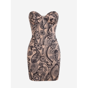 Mini Dress Paisley Printed Underwire Bustier Corset-style Boning Tube Dress M Coffee