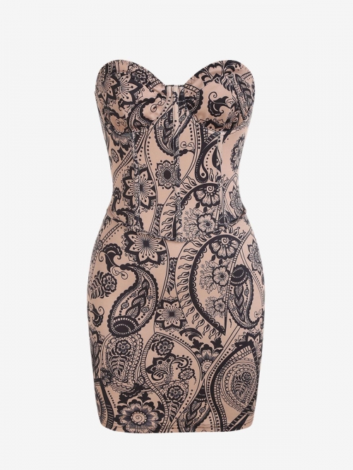 Mini Dress Paisley Printed Underwire Bustier Corset-style Boning Tube Dress M Coffee