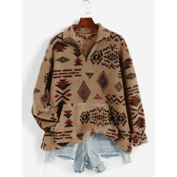 Women Hoodies ZAFUL Front Pocket Fluffy Quarter Zip Ethnic Aztec Printed Sweatshirt L Coffee