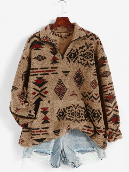 Women Hoodies ZAFUL Front Pocket Fluffy Quarter Zip Ethnic Aztec Printed Sweatshirt L Coffee