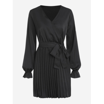 Casual Belted Pleated Surplice Long Sleeve Mini Dress L Black