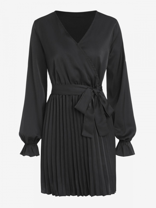 Casual Belted Pleated Surplice Long Sleeve Mini Dress L Black