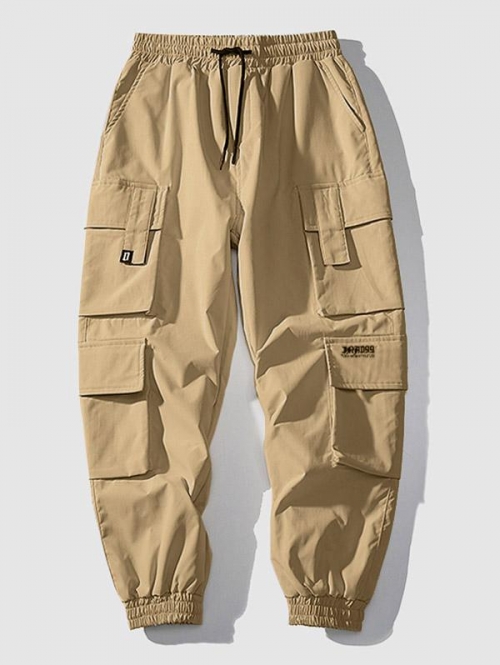 ZAFUL Men's Multi Flap Pockets Drawstring Cargo Jogger Techwear Pants L Coffee