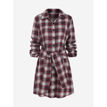 Casual Plaid Print Belted Button Up Shirt Dress L Red