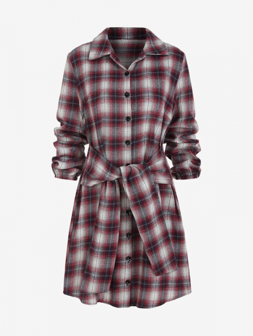 Casual Plaid Print Belted Button Up Shirt Dress L Red