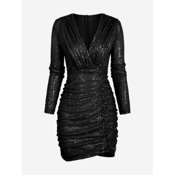 Mini Dress Sparkly Sequined Ruched Surplice Bodycon Vegas Dress M Black