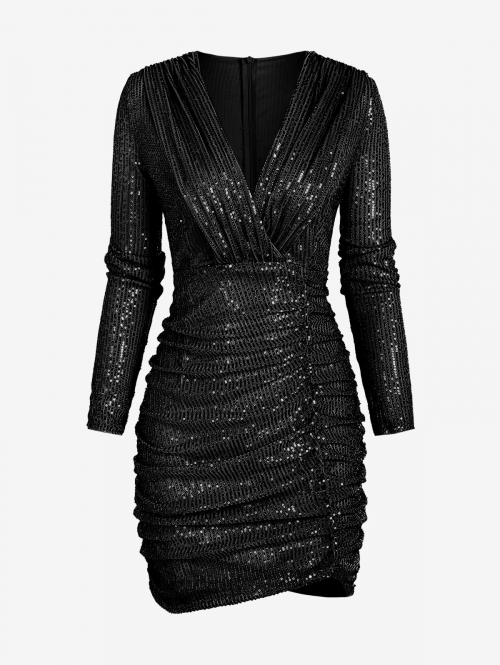 Mini Dress Sparkly Sequined Ruched Surplice Bodycon Vegas Dress M Black