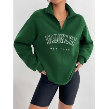 Women Hoodies Quarter Zip Letter BROOKLYN NEW YORK Graphic Thermal Fleece Lined Sweatshirt Xl Green