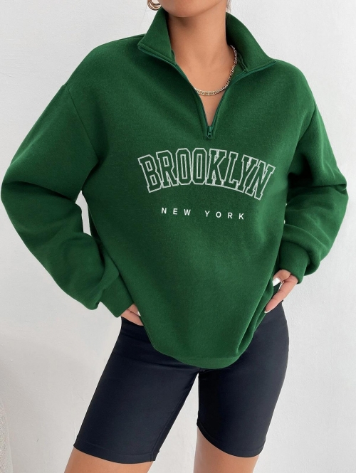 Women Hoodies Quarter Zip Letter BROOKLYN NEW YORK Graphic Thermal Fleece Lined Sweatshirt Xl Green