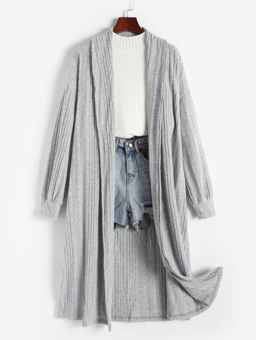 Shawl Collar Solid Color Longline Cardigan L Light gray