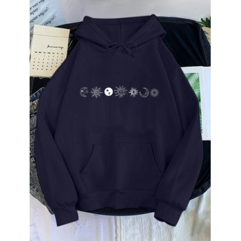 Women Hoodies Sun Moon Star Print Drop Shoulder Thermal Lined Hoodie Xl Deep blue