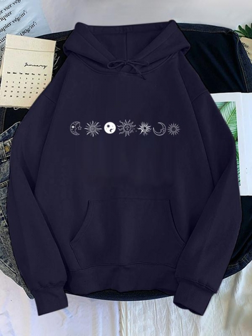 Women Hoodies Sun Moon Star Print Drop Shoulder Thermal Lined Hoodie Xl Deep blue