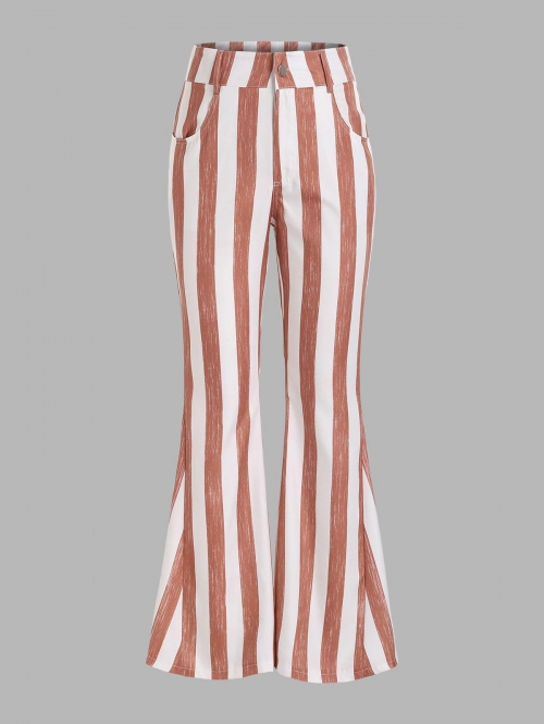 Striped Pocket Flare Pants L Coffee