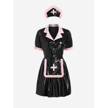 Mini Dress Halloween Nurse Costume PU Poet Sleeve Dress with Apron M Black