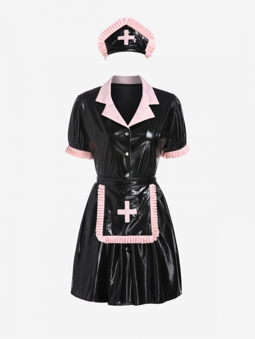 Mini Dress Halloween Nurse Costume PU Poet Sleeve Dress with Apron M Black