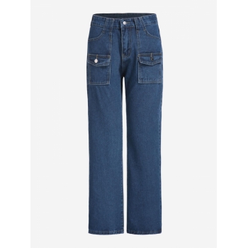 High Waisted Cargo Pockets Straight Jeans M Blue