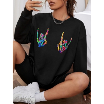 Women Hoodies Halloween Skeleton Hand Print Pullover Sweatshirt L Black