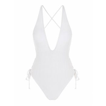 ZAFUL Plunge Cross Tie High Cut Cheeky One-piece Swimsuit S White