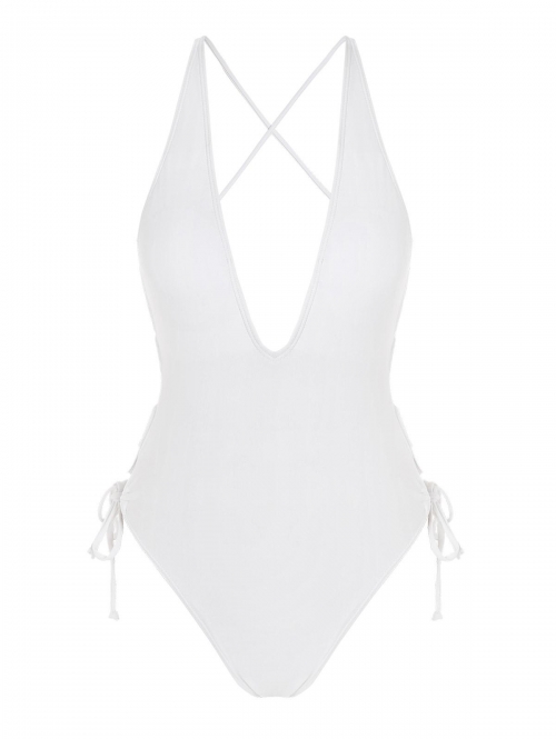 ZAFUL Plunge Cross Tie High Cut Cheeky One-piece Swimsuit S White